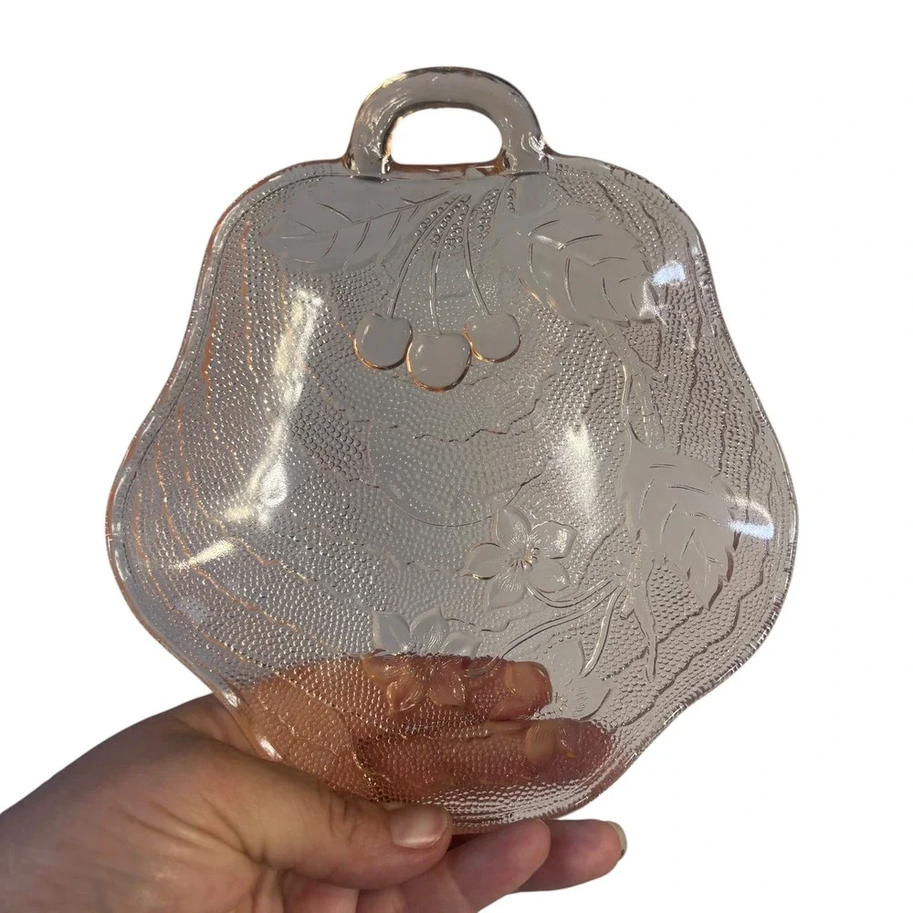 Vintage Pink Depression Glass Cherry Floral‎ Nappy Bowl Single Handle Candy Dish